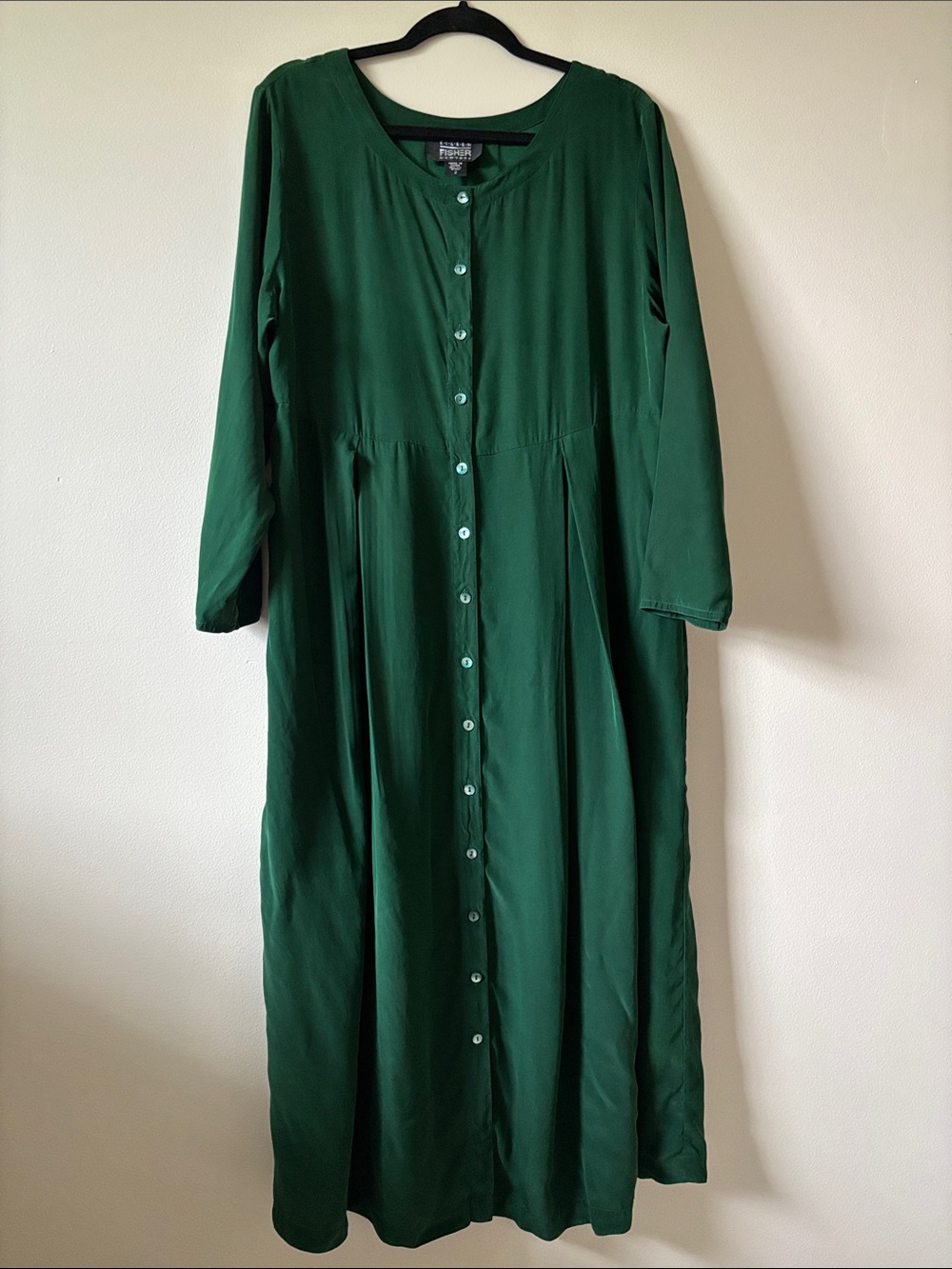 Eileen Fisher 100% silk long-sleeved emerald green long button-front dress
